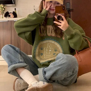 American Vintage Pullover Women Autumn Winter New Korean Plus Velvet Thick Print Long-sleeved T Shirt Crewneck Sweatshirt