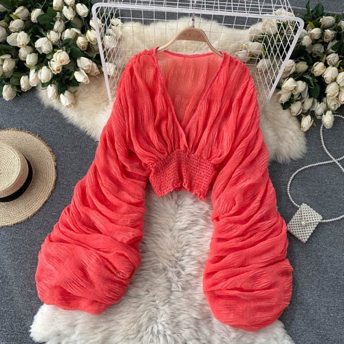 goosudu  Summer Sexy Draped Chiffon Blouse For Women Elegant V-Neck Puff Long Sleeve Short Tops Female Slim Party Shirts  New Fashion