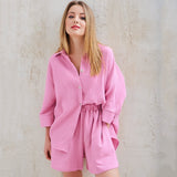 Cotton Pajamas For Women Sets Suit Casual Sleepwear Turn-Down Collar Nine Quarter Sleeve Sleep Tops Shorts Female Homewear