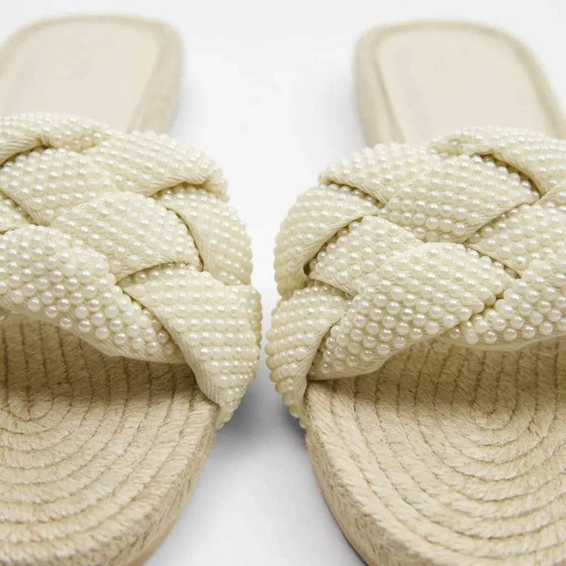 New Women's Slippers White Pearl Woven With Cotton And Linen Flat Bottom Outdoor Simple Versatile Soft Sole Sandals