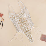 Ellolace Floral Embroidery Bodysuit Women Lace Up Bandage Bodies Sexy Sleeveless Bodycon Transparent Lingerie Mesh Bodysuits Top