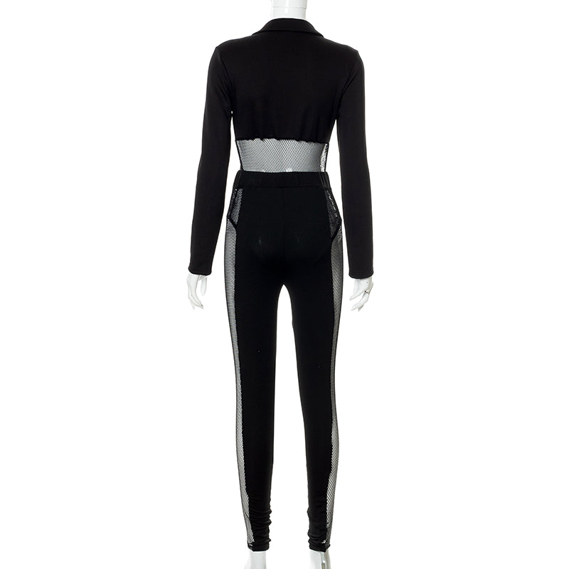 goosudu Patchwork Mesh Long Sleeve Single Breasted Bodysuit See Through Leggings Two Piece Set Autumn Women Fashion Sexy