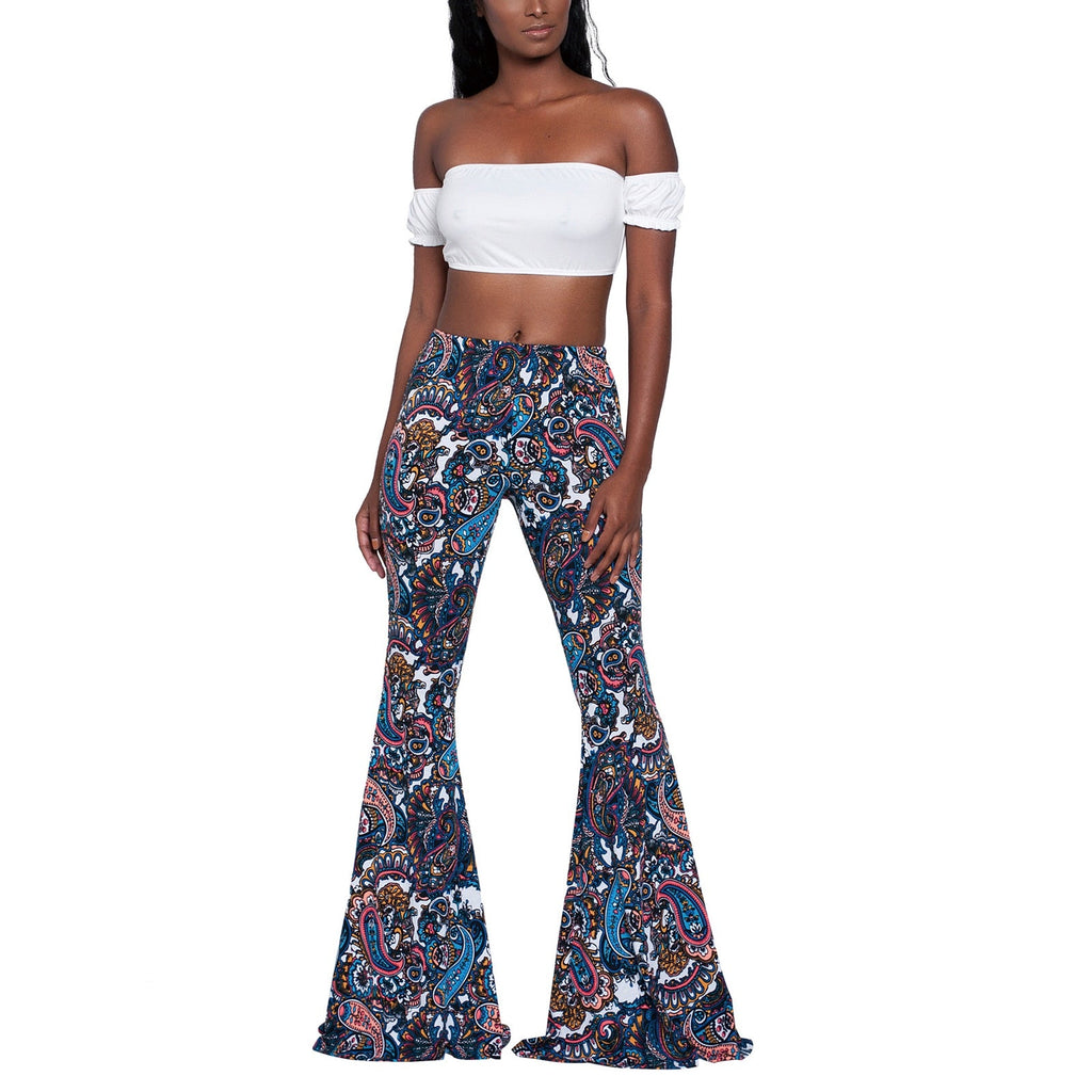 goosudu Summer New Women High-Waist Stretch-Print Trousers Wide-Leg Loose-Fitting Trousers Sexy Flared Pants Bottom Casual Leggings