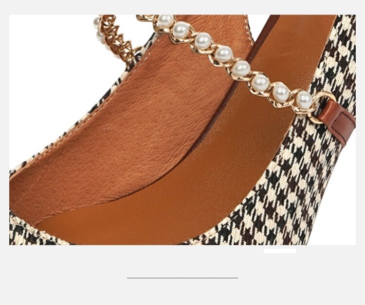 woloong New   Sandles Women Square Toe Thick Heel French Retro Women Shoes Pearl Buckle High Heel Party Sandals Houndstooth Pattern