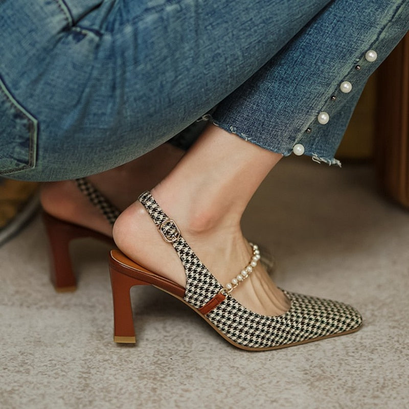 woloong New   Sandles Women Square Toe Thick Heel French Retro Women Shoes Pearl Buckle High Heel Party Sandals Houndstooth Pattern