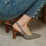 woloong New   Sandles Women Square Toe Thick Heel French Retro Women Shoes Pearl Buckle High Heel Party Sandals Houndstooth Pattern
