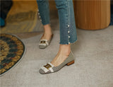 woloong  New Genuine Leather Women Shoes Fashion Tassel Beads Spring Pump Square Toe Slip-On Casual Shoes Thick Heel Size 35-42 Handmade