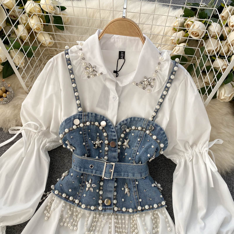 Spring New Blouse Women's Diamond Beaded Puff Sleeve Blusa Top Tassel Pearl Sling Waistcoat Two-piece Stacking Shirt C813
