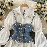 Spring New Blouse Women's Diamond Beaded Puff Sleeve Blusa Top Tassel Pearl Sling Waistcoat Two-piece Stacking Shirt C813