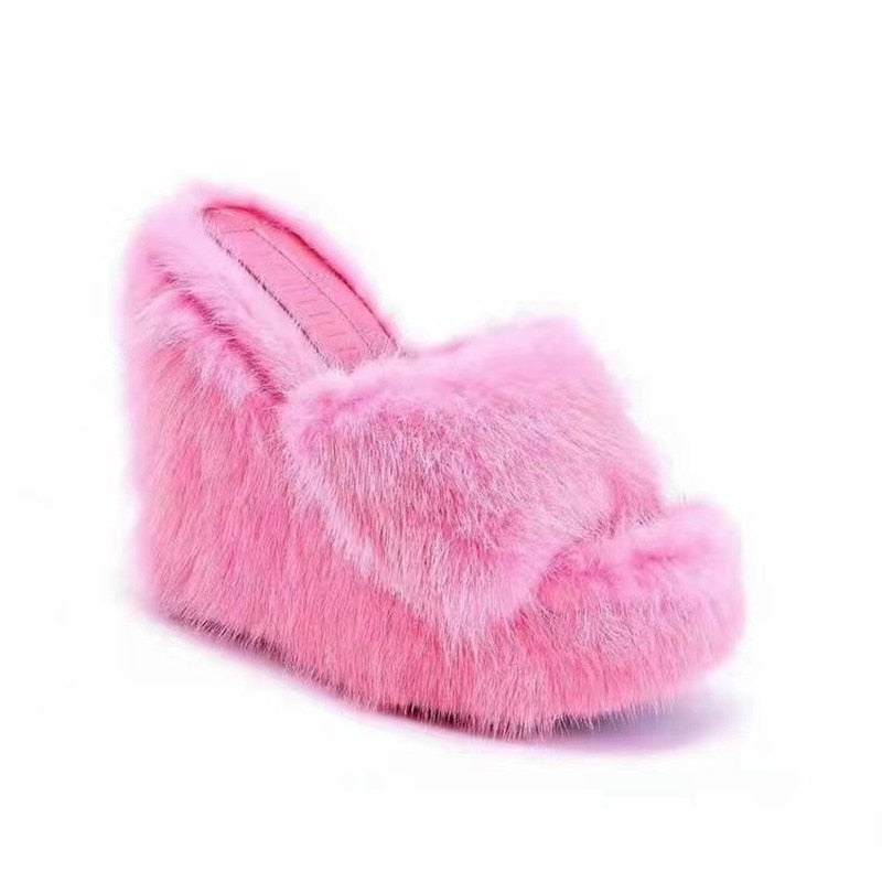 goosudu New Fur Slippers Women's Wedge Heel Shoes Women High-heeled Furry Drag Fashion Outdoor All-match Shoes Slippers Furry Slides