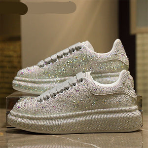 woloong  New Fashion Women Shoes Luxury Sports Shoes Women Designers Leather Shoes Silver Rhinestone Crystal Sneakers Tide