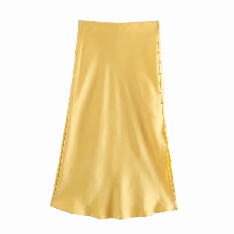 woloong  Summer Women Satin Elastic Waist Side Slit A-Line Skirt New Fashion Lady Button Decoration Falda Midi LUJIA ALAN P1597