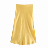 woloong  Summer Women Satin Elastic Waist Side Slit A-Line Skirt New Fashion Lady Button Decoration Falda Midi LUJIA ALAN P1597