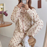 goosudu Cotton Pajamas Set Comfortable Long Sleeve Lovely Sweet Leisurewear Home Suit Spring Sleepwear Soft Korean Heart Print Kawaii