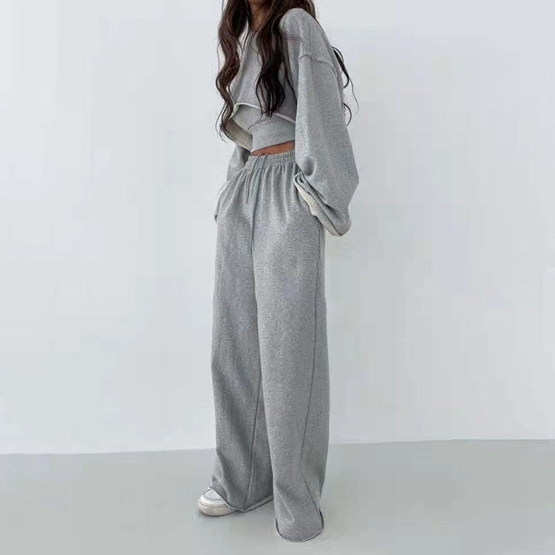 woloong  White Three Piece Set For Women O Neck Long Sleeve Tops Sleeveless Vest Wide Leg Pants Female Casual Sets New