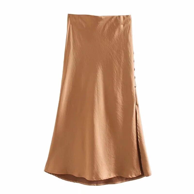 woloong  Summer Women Satin Elastic Waist Side Slit A-Line Skirt New Fashion Lady Button Decoration Falda Midi LUJIA ALAN P1597