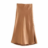 woloong  Summer Women Satin Elastic Waist Side Slit A-Line Skirt New Fashion Lady Button Decoration Falda Midi LUJIA ALAN P1597