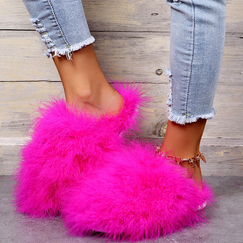 New Faux Fox Fur Slippers Women's Furry Warm Flip Flops Fullfy Raccoon Fur Slides Flat Comfortable Home Shoes Plus Size Couple