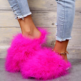 New Faux Fox Fur Slippers Women's Furry Warm Flip Flops Fullfy Raccoon Fur Slides Flat Comfortable Home Shoes Plus Size Couple