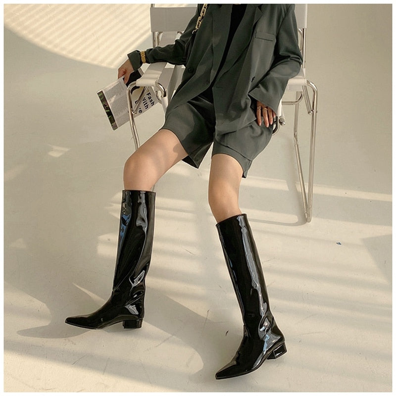 woloong  New INS Women Knee-high Women Boot Shoes Low Heel Slip On Long Boots Brand Designer Pointed Toe Chelsea Boots
