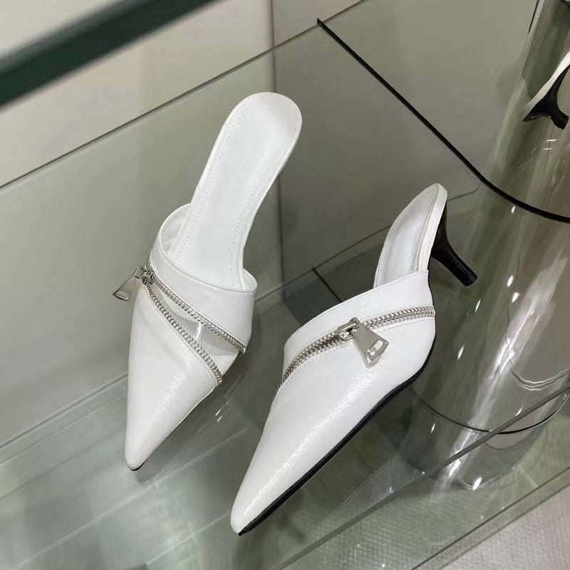 woloong  Summer New Women Slipper Fashion Brand Zipper Pointed Toe Slip On Ladies Elegant Mules Shoes Thin High Heel Slide