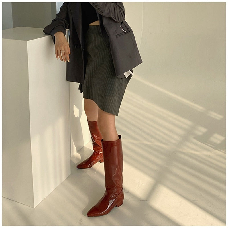 woloong  New INS Women Knee-high Women Boot Shoes Low Heel Slip On Long Boots Brand Designer Pointed Toe Chelsea Boots