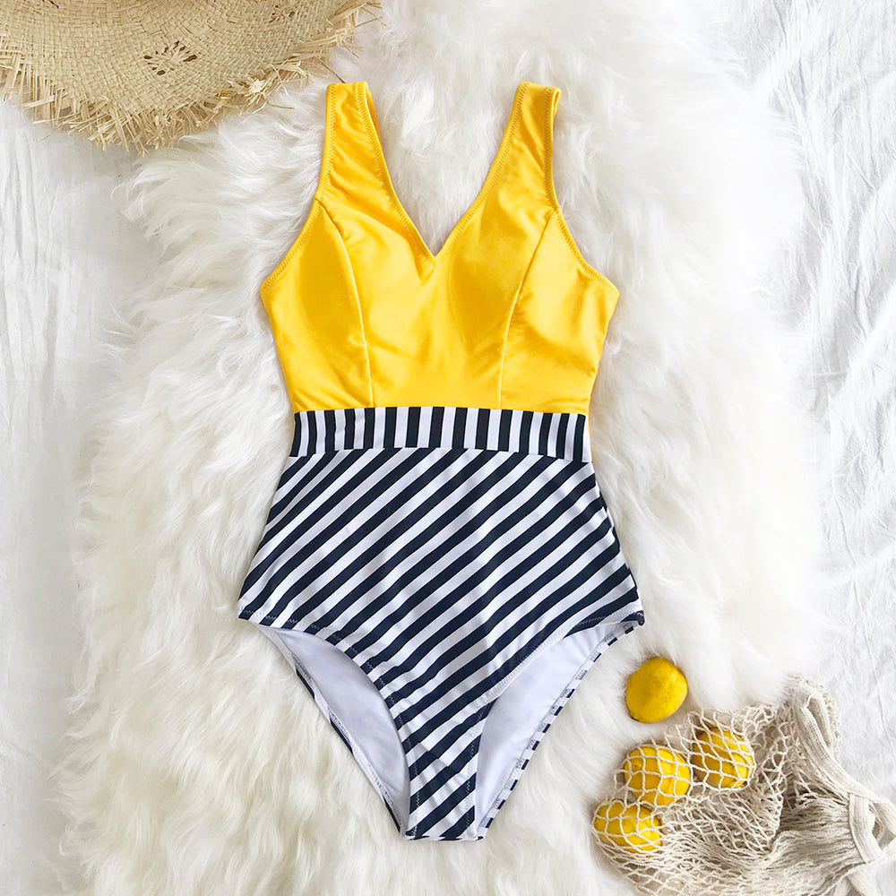 goosudu   Yellow and Striped Patchwork One-Piece Swimsuit Sexy V-neck Women Monokini Girls Beach Bathing Suits Swimwear