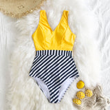 goosudu   Yellow and Striped Patchwork One-Piece Swimsuit Sexy V-neck Women Monokini Girls Beach Bathing Suits Swimwear