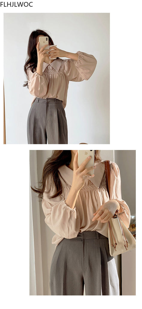 woloong Chic Korea Japanese Fenimine Clothes Women New Design Long Sleeve Solid Retro Vintage Black Pink Cute Tops And Blouses