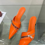woloong  Summer New Women Slipper Fashion Brand Zipper Pointed Toe Slip On Ladies Elegant Mules Shoes Thin High Heel Slide