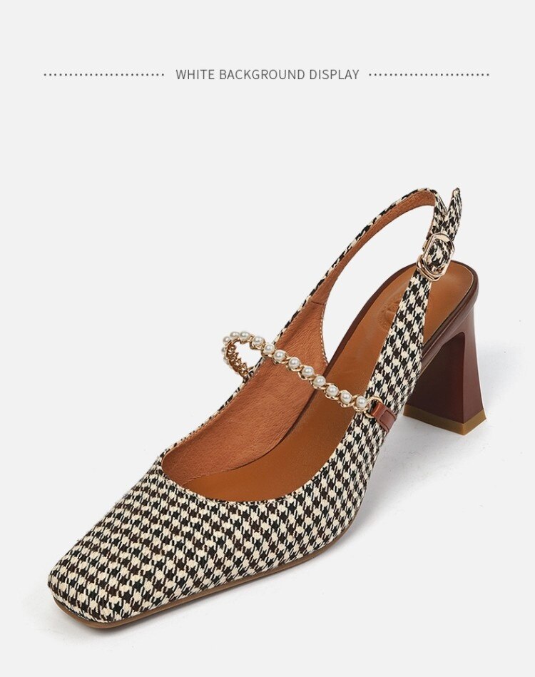 woloong New   Sandles Women Square Toe Thick Heel French Retro Women Shoes Pearl Buckle High Heel Party Sandals Houndstooth Pattern
