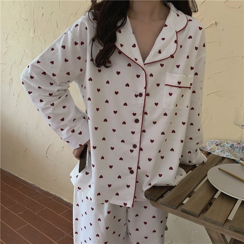 goosudu Cotton Pajamas Set Comfortable Long Sleeve Lovely Sweet Leisurewear Home Suit Spring Sleepwear Soft Korean Heart Print Kawaii