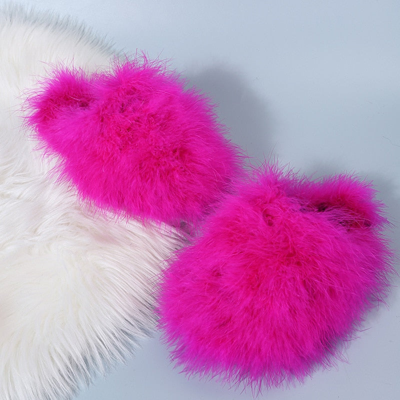 New Faux Fox Fur Slippers Women's Furry Warm Flip Flops Fullfy Raccoon Fur Slides Flat Comfortable Home Shoes Plus Size Couple