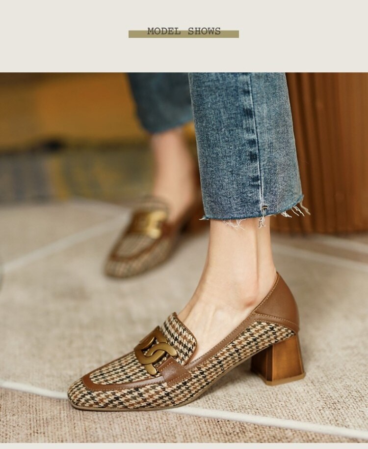 woloong  Spring/Autumn New Women Party Prom Square Heeled Pumps Basic Concise Pumps Cow Leather Brand Round Toe Loafers Woman