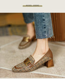woloong  Spring/Autumn New Women Party Prom Square Heeled Pumps Basic Concise Pumps Cow Leather Brand Round Toe Loafers Woman