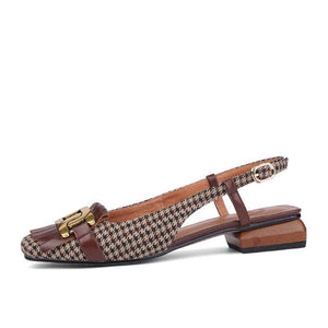 woloong  New Retro Style Female Summer Fashion Low-heeled Square Head Leather Hollow Fine Heel Baotou Metal Decoration Woman Sandals