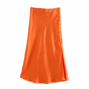 woloong  Summer Women Satin Elastic Waist Side Slit A-Line Skirt New Fashion Lady Button Decoration Falda Midi LUJIA ALAN P1597