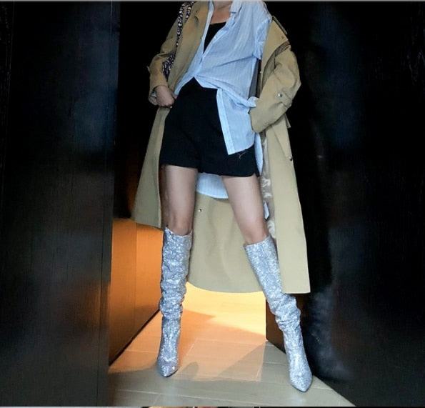 woloong New Crystal Shoes Woman Pointed Toe Over Knee High Boots Sexy Rhinestone Chunky Spike Heel Boots Ladies Shoes Botas Mujer