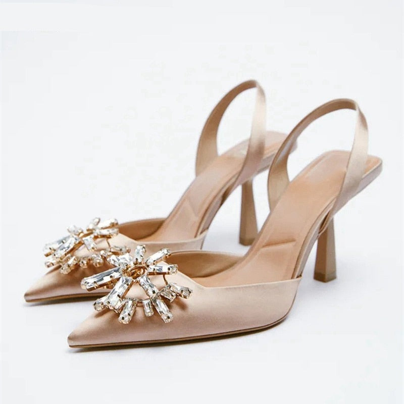 woloong New Brand Women Slingback Shoes Fashion Bling Crystal Sandal Ladies Thin High Heel Pointed Toe Shallow Slip On Mules M