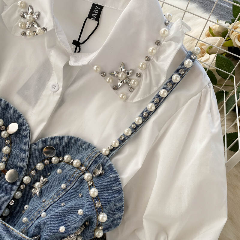 Spring New Blouse Women's Diamond Beaded Puff Sleeve Blusa Top Tassel Pearl Sling Waistcoat Two-piece Stacking Shirt C813
