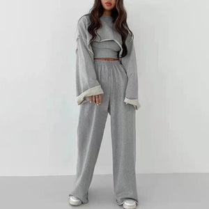 woloong  White Three Piece Set For Women O Neck Long Sleeve Tops Sleeveless Vest Wide Leg Pants Female Casual Sets New