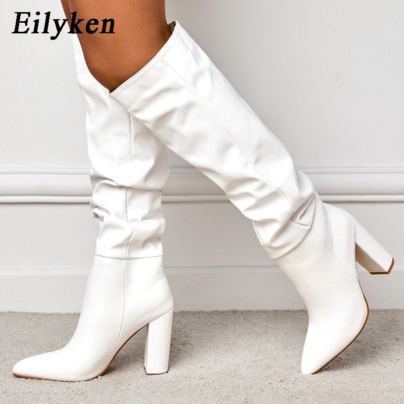 woloong New Brand Ladies Knee-High Boot Winter Folds Warm Square Heels Shoes Fashion Sexy Long Boots Solid Color Footwear