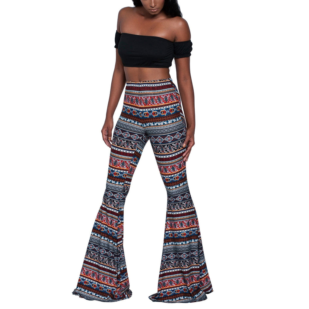 goosudu Summer New Women High-Waist Stretch-Print Trousers Wide-Leg Loose-Fitting Trousers Sexy Flared Pants Bottom Casual Leggings