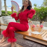 Trendy Women Pajamas Set Autumn Casual Lapel Tops + Feather 2Pcs Pants Suits Sexy Lingerie Nightwear Silk Satin Pyjamas pjs Suit