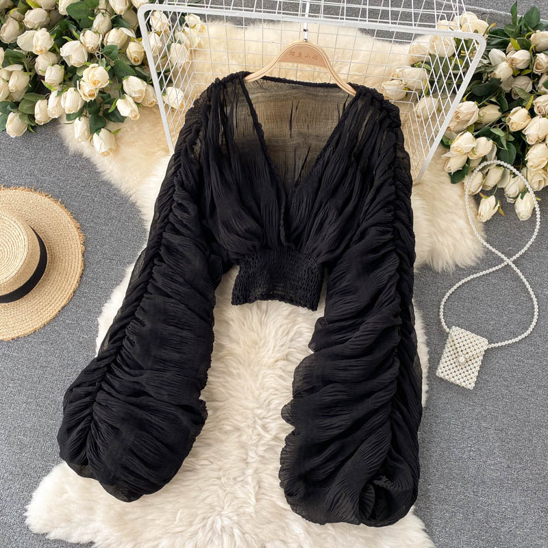 goosudu  Summer Sexy Draped Chiffon Blouse For Women Elegant V-Neck Puff Long Sleeve Short Tops Female Slim Party Shirts  New Fashion