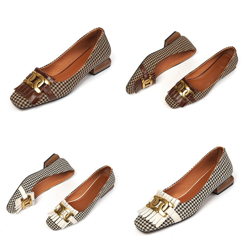 woloong  New Genuine Leather Women Shoes Fashion Tassel Beads Spring Pump Square Toe Slip-On Casual Shoes Thick Heel Size 35-42 Handmade