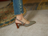 woloong New   Sandles Women Square Toe Thick Heel French Retro Women Shoes Pearl Buckle High Heel Party Sandals Houndstooth Pattern