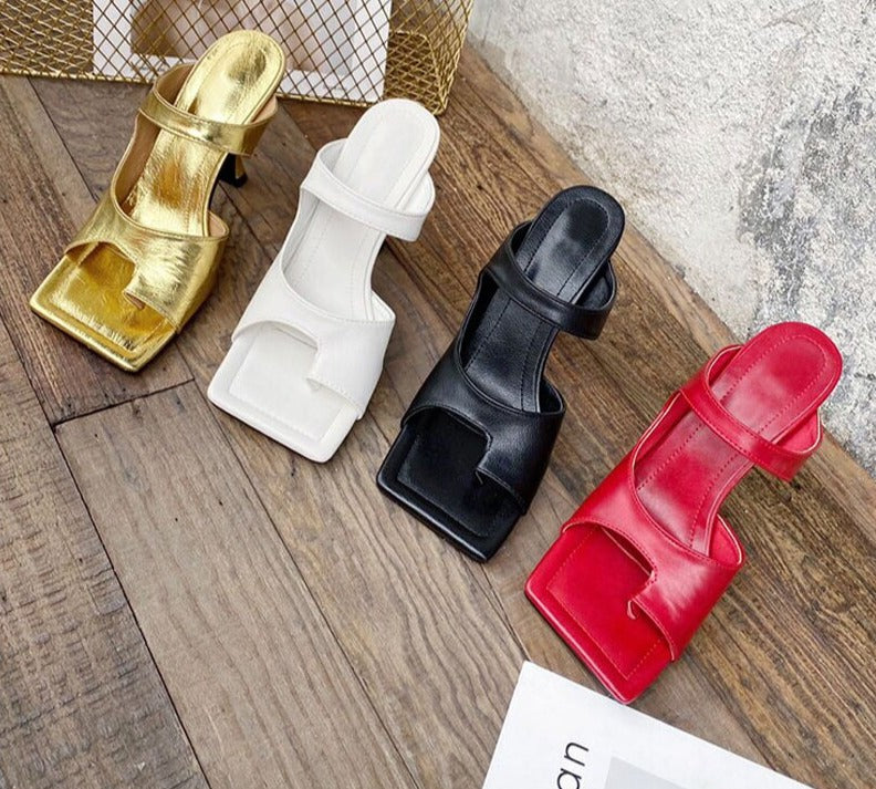 woloong New Popular Personality Clip Toe Square Head Leather Women Slippers Fashion Stiletto Heels Elegant Dress Shoes