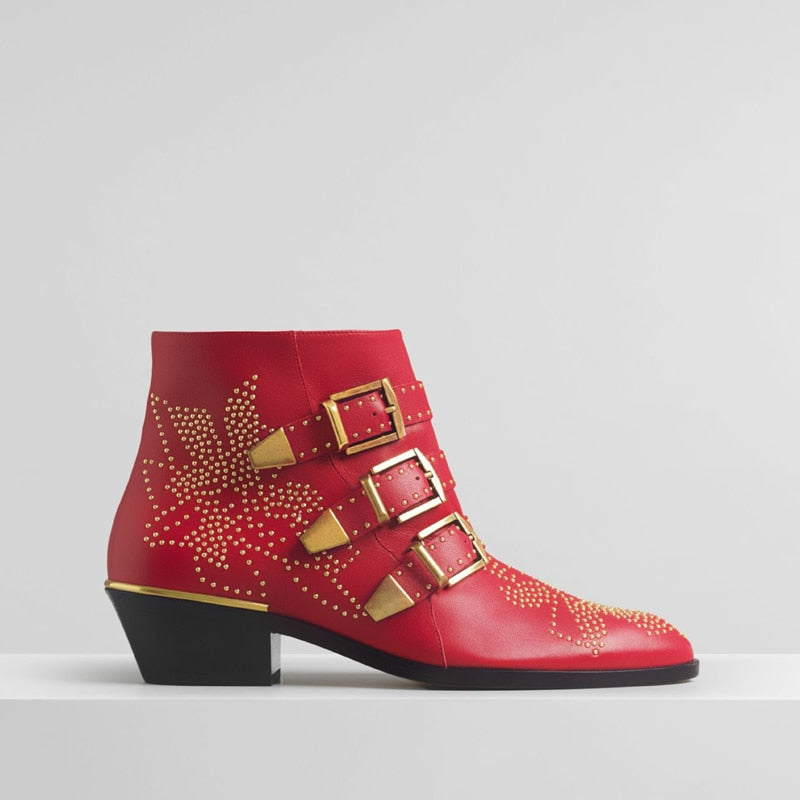 Studded Real Leather Ankle Boots Women Round Toe Rivet Flower Martin Short Boots Cowhide Thick Heel Low New Heel Women's Shoes