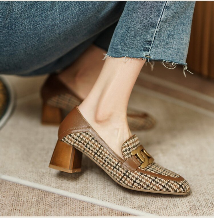 woloong  Spring/Autumn New Women Party Prom Square Heeled Pumps Basic Concise Pumps Cow Leather Brand Round Toe Loafers Woman